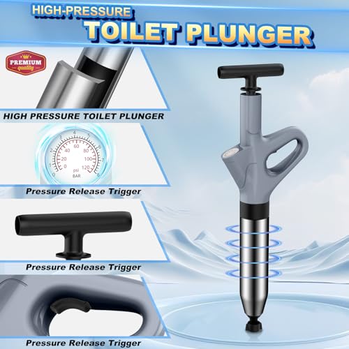 Toilet Plunger, High Pressure Toilet Plunger,Toilet Auger Air Drain Blaster with Real-Time, Heavy Duty Plunger for Bathroom and Plumbing Clogs (Grey) - color: Grey