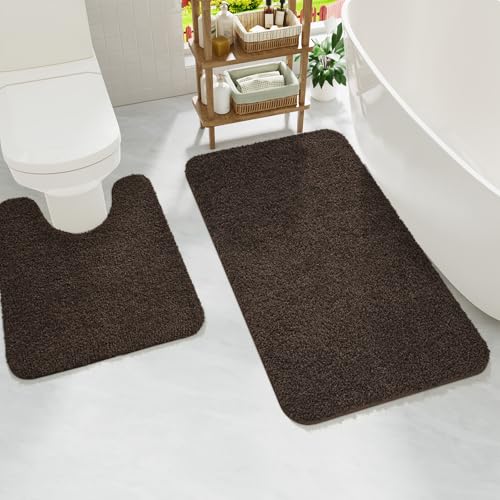 HOMORE Bathroom Rug Set 2 Piece,Soft Absorbent Bath Mats Set,Machine Washable Bath Rug Sets for Bathroom Non Slip,(21"x34"+21"x21") Plush Shaggy U Shape Contour Toilet,Brown - color: Brown