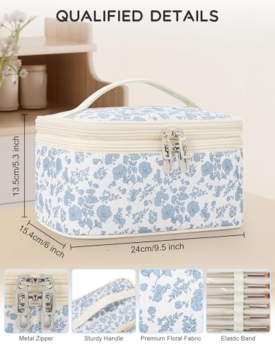 Relavel Travel Makeup Bag, Large Floral Cosmetic Bag with Makeup Brush Compartment, Portable Makeup Pouch for Women, Double Layer Makeup Organizer Bag Cute Toiletry Bag - color: 01-Blue Flower, size: LARGE