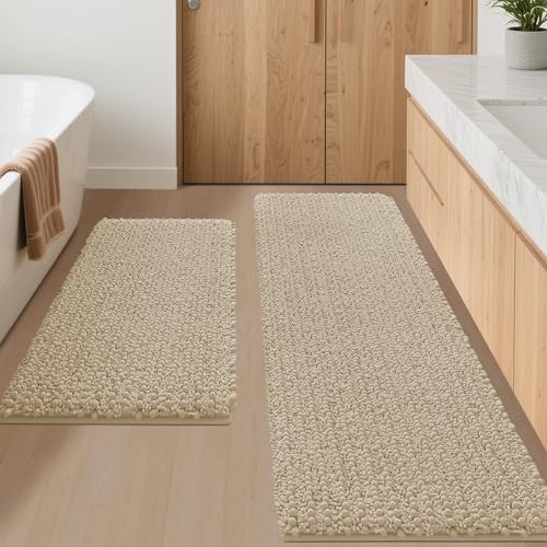 ACCUMTEK Upgrade Luxury 2 Piece Beige Toilet Bathroom Rug Mat 60"x20"+32"x20", Ultra Soft Thick Absorbent Bath Mats, Non Slip Chenille Toilet Mat for Bathroom, Bedroom, Kitchen, Shower, Tub - color: Beige, size: 60"x20"