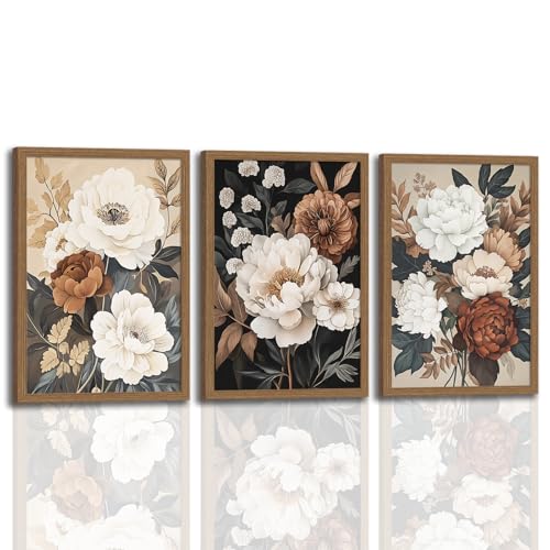 Moody Flower Framed Canvas Wall Art,Retro Beige Peony Wall Decor,Vintage Textured Blossom Botanical Artwork Art Print for Living Room,Bedroom,Office 12x16in Ready to Hang - color: Retro Peony 4, size: 12x16 inches