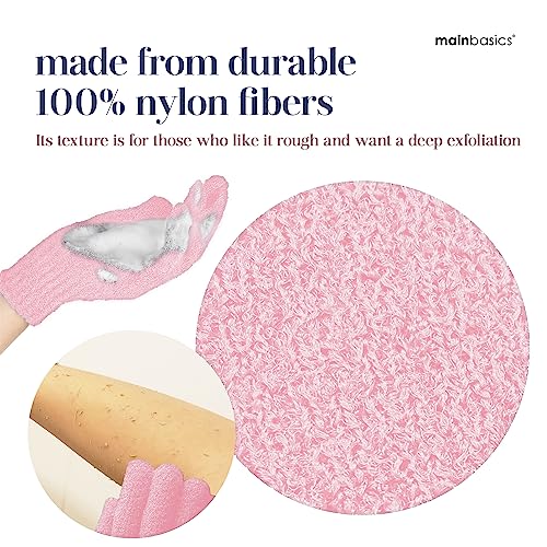 MainBasics Deep Exfoliating Bath Gloves, Pink, 1 Pair | Heavy-Textured Nylon, Shower Scrub, Dead Skin Removal, Machine Washable - color: Soft Pink