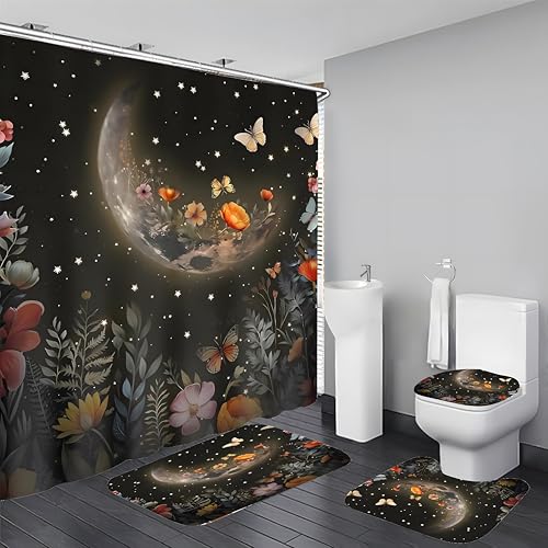 LQCOOL Shower Curtain Set 4 Pcs Black Moon Bathroom Sets with Shower Curtain and Rugs Bathroom Decor Set with 12 Hooks - color: Black Moon