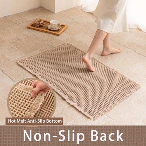 Waffle Bath Mat Non Slip, Boho Bathroom Rug, Super Absorbent Quick Dry Bathroom Mat, Soft Farmhouse Bath Rug with Tassels, Small Washable Shower Mats for Floor 24"x36", Brown - color: Brown, size: 2' x 3' (Rectangular)