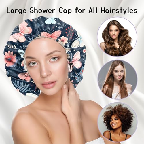Luxury Shower Cap Silk Satin Lined Waterproof Reusable Adjustable Elastic Dry Hair Bathing Caps Cute for Women Girls-Butterfly Flower - color: C--4-Butterfly Flower