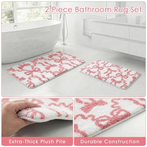 Arttown Cute Pink Bow Bathroom Rug Set 2 Piece White Fluffy Microfiber Non-Slip Water Absorbent Bath Mat Soft Washable Floor Rug for Tub Showers Laundry Room Decor (16"x24"+20"x32") - color: Pink Bow