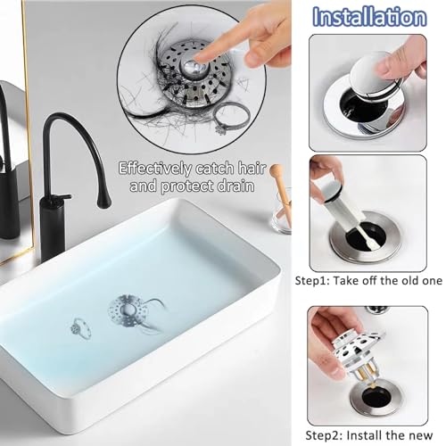 AzWzz Bathroom Sink Stopper,Sink Hair Catcher,Bathroom Sink Drain Strainer Pop Up Drain Cover Plug,Universal for 1.1 to 1.65in Sink Drain Hole - color: Chrome Silver, style: Bathroom Sink Stopper with Hair Catcher