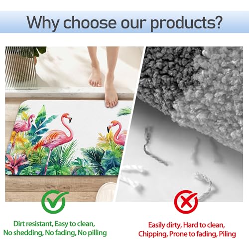 Flamingo Bathroom Rug 29.5"x17", Tropical Flowers Leaves Quick-Drying Super Absorbent Diatomite Bath Mat with Non-Slip Backing, Thin Washable Bathroom Floor Mat Fits Under Door for Shower, Sink - color: Flamingo Tropical Flowers Leaves