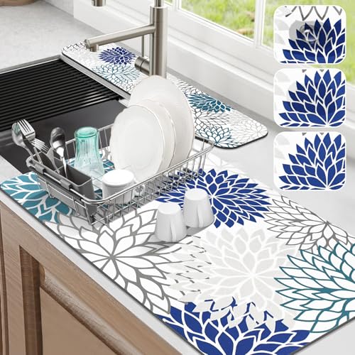 Findosom 2PCS 17" x 32" Dish Drying Mat & 24" x 5.5" Sink Splash Guard, Super Absorbent & Cuttable Dish Mat Drying Kitchen Mat with Blue Floral, Hide Stain Drying Mat for Kitchen Counter - color: Blue, size: 17" X 32" + 24" X 5.5"