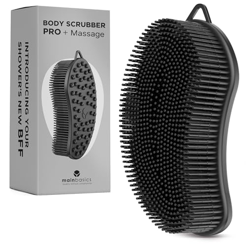 MainBasics Silicone Body Scrubber Dual-Sided, Black, Massage | Shower Scrubber with Massage Nodes, Silicone Loofah Alternative for Deep Clean - color: Black, size: Massage