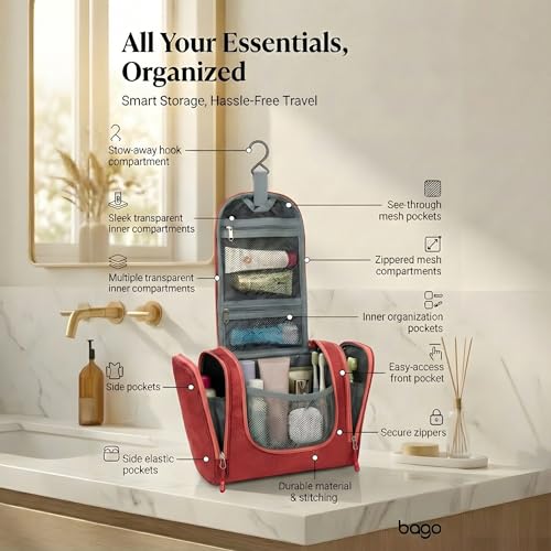 Bago Travel Toiletry Bag for Women and Men - Large Waterproof Hanging Large Toiletry Bag for Bathroom and Travel Bag for Toiletries Organizer - Makeup Bag (Red) - color: Red, size: Large