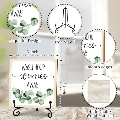 5" Funny Wooden Sign, Wash Your Worries Away Sign, Funny Bathroom Laundry Room Desk Decor, Restroom Guest Bathroom Decoration, Funny Toilet Washroom Plaque Sign Decor 5X5 Inches（White）-A05 - color: off white