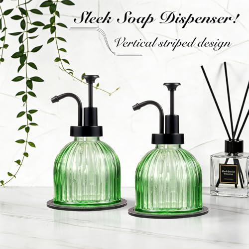 SheeChung 8 Oz Glass Soap Dispenser Bathroom, Green Liquid Hand Soap Dispenser with Pump, Refillable Dish Soap Dispenser for Kitchen, Cute Modern Stripes Lotion Bottle, Shampoo (Black Pump, 1 Pack) - color: Green-black Pump, 1 Pack
