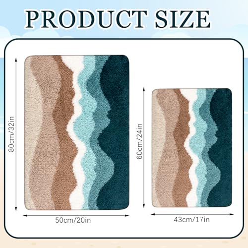 Breling Bath Mat Set of 2 Ocean Beach Teal Fluffy Absorbent Microfiber Rugs Non Slip Bath Mats for Bathroom Floor Tub and Shower, Washable, Ultra Soft, Quick Dry (32 x 20 Plus 24 x 17 - Inches) - style: Ocean Beach