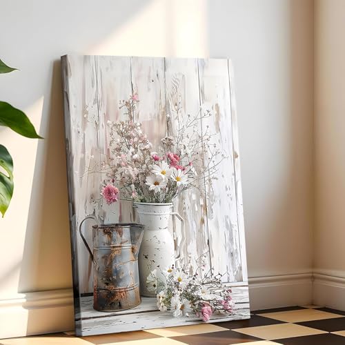 2Pcs Framed Rustic Farmhouse Bathroom Wall Art Vintage Country Floral Still Life Wall Decor pink White Daisy Canvas Painting Shabby Chic Flower Poster Print for Living Room Bedroom Kitchen 16x124n - color: Farmhouse Vase, size: 16x24 inches