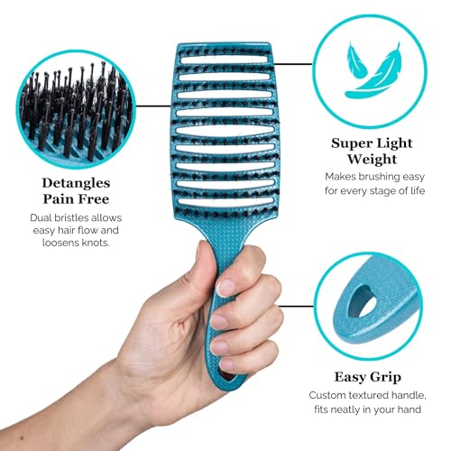 HAPPY HAIR BRUSH Happy Detangler Paddle Brush with Boar Bristles & Nylon Pins | Designed by Women to Detangle & Smooth Thick, Fine or Curly Hair | Pain-Free Slick Back Brush, Ultra Lightweight (Teal) - color: Teal