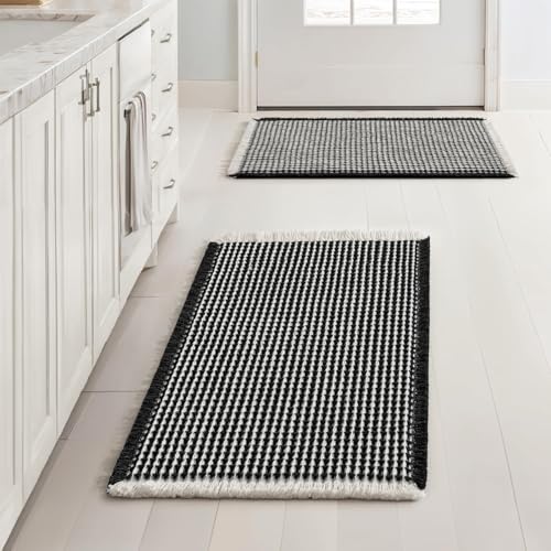 MIULEE Set of 2 Waffle Bathroom Rugs, Boho Bath Rugs Non Slip Washable, Super Absorbent Bath Mats, Ultra Soft Rubber Backed Shower Mats for Bathroom Floor, Tub and Shower, Black & Cream, 17x24 Inch - color: Black & Cream, size: 17''x24''