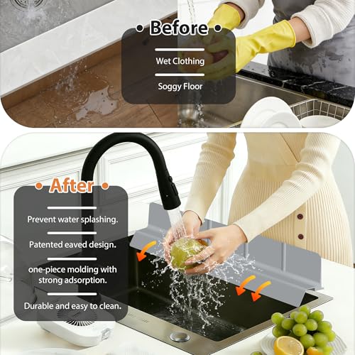 23Inch Sink Splash Guard – Extended Length & Tall Silicone Kitchen Sink Splash Guard with Overhang Drainage Design & Strong Suction Cups for Countertop (Dark Grey, 23''x3.5'') - color: Dark Grey, size: 23''x3.5''
