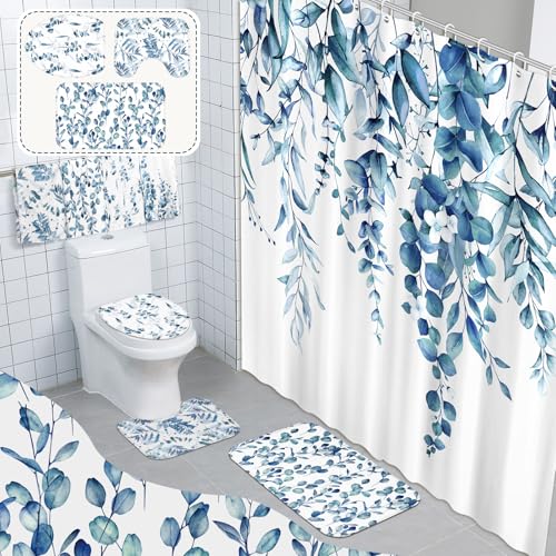 Tatuo 8 Pcs Blue Eucalyptus Shower Curtain Set Blue Eucalyptus Theme Bathroom Accessories Sets Decor Nautical Coastal Waterproof Shower Curtain with Towels Carpet Bath Mat Toilet Rugs and 12 Hooks - style: Blue Eucalyptus