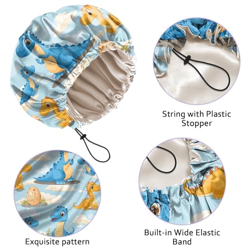 Luxury Shower Cap Silk Satin Lined Waterproof Reusable Adjustable Elastic Dry Hair Bathing Caps Cute for Women Girls-Dinosaur - color: C-18-Dinosaur