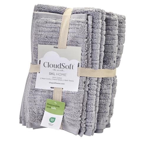 SKL Home CloudSoft 100% Cotton Luxury 6-Piece Towel Set, 600 GSM, Ultra Plush & Absorbent - 2 Bath Towels, 2 Hand Towels, 2 Washcloths, Gray - color: Gray, style: 6-Piece Towel Set