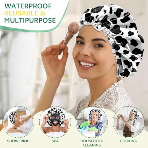 2 PCS Shower Cap Waterproof Double Layer Elastic Adjustable Reusable Hair Bath Caps for Girls Women Cute Aesthetic-Black White - color: G4-Black White