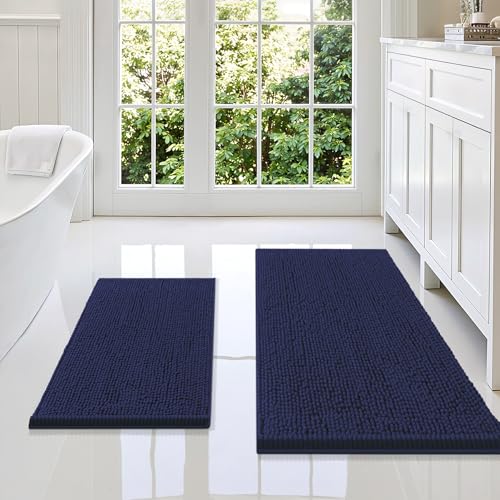 Smiry Bathroom Rugs Sets 2 Piece, Soft Absorbent Chenille Machine Washable Non Slip Shaggy Bath Rug Set for Tub, Shower, and Floor (36x24+24x16, Navy Blue) - color: Navy Blue, size: 36"x24"+24"x16"