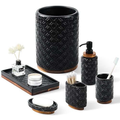 RQYIXI Elegant Bathroom Accessories Set 6 PCS Ceramic and Wood Bathroom Accessory Set Soap Dispenser Toothbrush Holder Tumbler Soap Dish Tray Trash Can Easy to Clean Quatrefoil Pattern Black - color: Black Trash Can