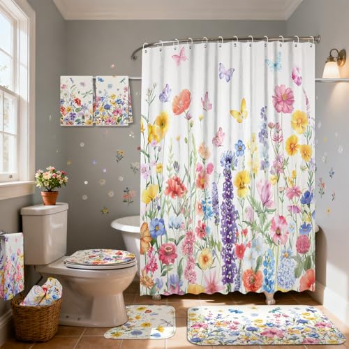 Tatuo 8 Pcs Wildflower Shower Curtain Set Watercolor Floral Bathroom Accessories Decor Farmhouse Plants Butterfly Waterproof Shower Curtain with Towels Carpet Bath Mat Toilet Rugs and 12 Hooks - style: Wildflower