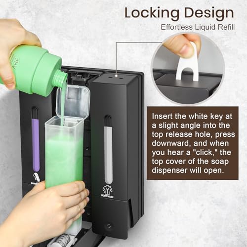2 Chamber Shampoo and Conditioner Dispenser, No Drill - Wall Mounted Shower Soap Dispenser, Refillable Body Wash Dispenser Set 2, 800ML Capacity, for Bathroom & Hotel, Black - color: Black Set of 2