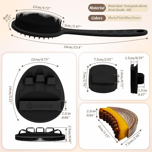 Silicone Back/Body/Face Scrubber & Lymphatic Contour Face Brush Set 4PCS, 13.4'' Soft Back Scrubber, 360° Anti-Slip Bath Glove, Unique Side-bristled Face Scrubber for All-Round Cleaning(Black) - color: Black*4