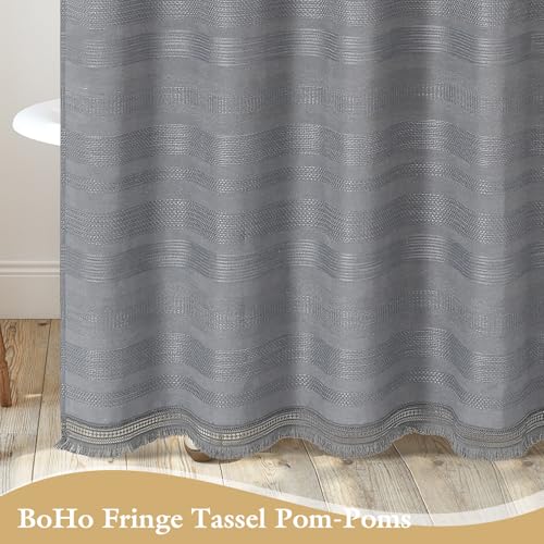 Long Boho Farmhouse Shower Curtain Set with Tassel, Linen Bohemian French Country Chic Bathroom Shower Curtain Set, Modern Striped Textured Shower Curtain 72x78 - Light Grey - color: Lightgrey, size: 72"W x 78"L (Pack of 1)