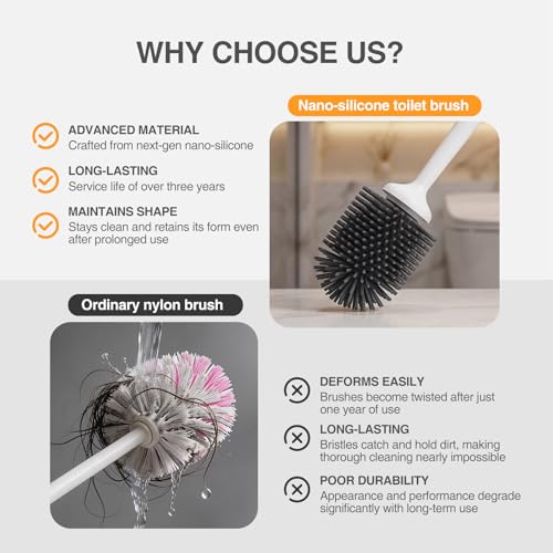 Lefree 3 Pack Silicone Toilet Brush,Rubber Toilet Bowl Brush and Holder Set with Ventilated Holder, Toilet Cleaner Brush for Bathroom,Floor Standing & Wall Mounted Toilet Scrubber Without Drilling - color: Gray, size: 3 Pack