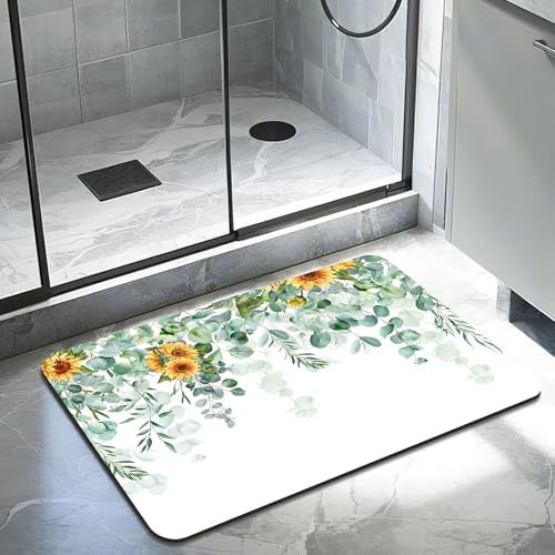 Quick Dry Bath Mat for Bathroom,Super Absorbent Green Eucalyptus Leaves Bath Rug Non-Slip Rubber Backing,Machine Washable Bathroom Floor Mat for Shower, Tub, Sink Area Sunflower Watercolor 16x24 - color: Green Leaves, size: 1'4" x 2' (Rectangular)