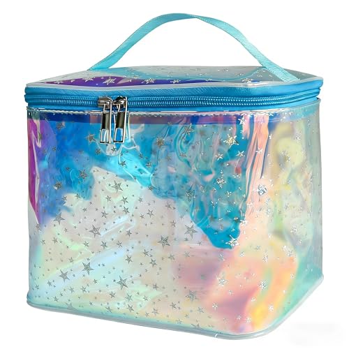 Holographic Star Print Pink Makeup Bag - Portable & Waterproof Barrel-Shaped Toiletry Bag, 8.27x6.7x6.3in Cosmetic Case for Women & Men (Blue Star) - color: Holographic Blue