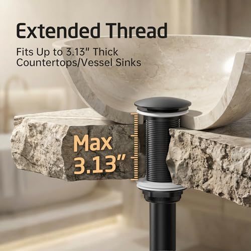 KES Bathroom Sink Drain with Extended Thread, All Metal Pop Up Drain Stopper without Overflow for Thicker Vessel Sinks and Countertops, Brass and Stainless Steel Matte Black, S2022D-BK - color: Matte Black, style: NO Overflow, Long Thread
