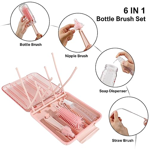 YomauiYee Baby Bottle Brush Set-6 in 1 Bottle Brush Cleaner with Silicone Bottle Brush,Drying Rack,Nipple Brush,Straw Brush,Soap Dispenser&Storage Box-Baby Essentials Gifts for Home&Travel(Pink) - color: Pink