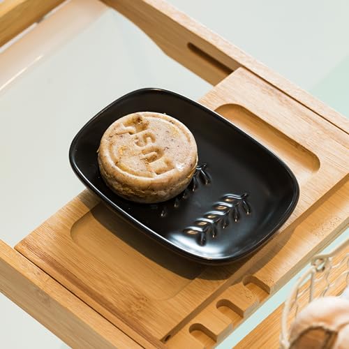 Soap Dish Soap Holder Shower, Ceramic Soap Dishes for Large Bar Soap Sponge, Shower Soap Dish Soap Saver Tray for Bathroom Kitchen Sink, Elegant Raised Leaf Design, Easy Dishwasher Cleaning, Black - color: Black, size: Leaf Design