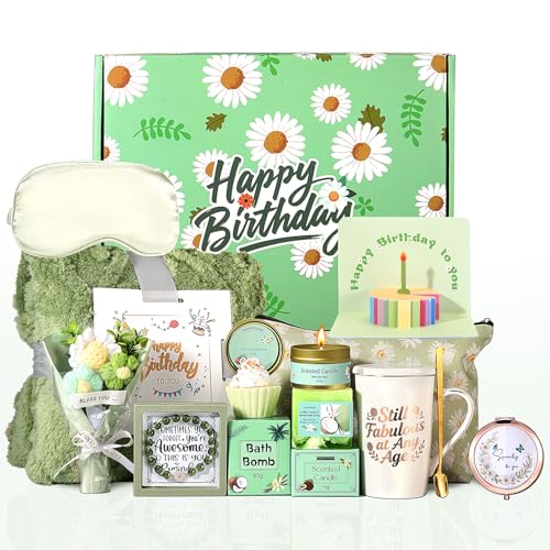 Daisy Birthday Gifts for Women,Self Care Gift Box for Mom,Wife,Best Friend | 12 Piece Birthday Gift Basket with Blanket Mug Candle Spa Gifts, Unique Happy Birthday Surprise for Her