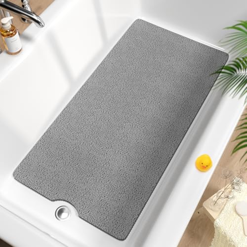 HITSLAM Non Slip Bathtub Mat 40 x 20 Inch, Extra Long Bath Mat for Tub, Soft PVC Loofah Shower Floor Mat with Drain, Quick Drying Bathroom Tub Mat for Wet Area, Without Suction Cup, Grey - color: Grey, size: 40" x 20" (Rectangular)