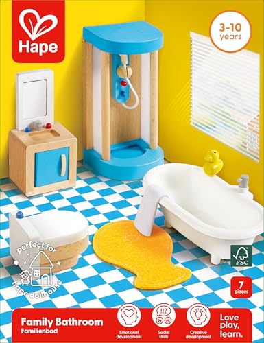 Hape Wooden Doll House Furniture Family Bathroom Set| Pretend Playset for Kid’s Wooden Dollhouse
