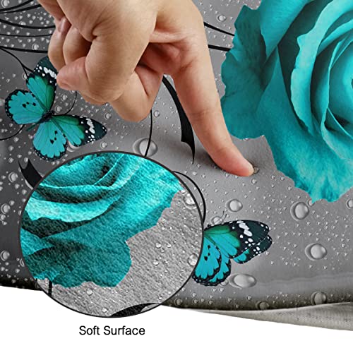 Teal Rose Shower Curtain Set Bathroom Rugs Flower Aqua Bath Mat Non-Slip Soft Toilet Lid Cover Absorbent Bath Rug Kitchen Floor Carpet 60x72 Inch - color: Teal