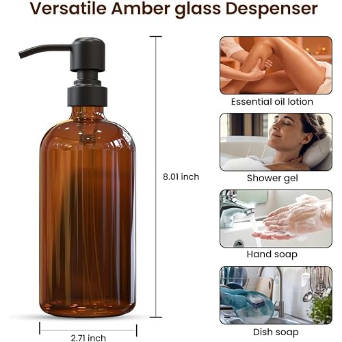 Sunrise Premium 4 Pack Amber Glass Soap Dispenser 16 OZ with Matte Black Stainless Steel Pump, Hand and Dish Soap Dispenser Set for Bathroom and Kitchen Sink with 12 Waterproof Labels - color: Matte Black Ss Pump - Amber Glass 4pc