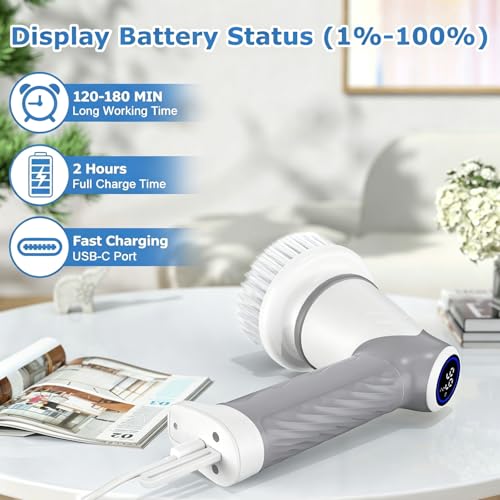 DAESUNG Electric Spin Scrubber, New Electric Bathroom Brush with 7 Replaceable Heads, Power Scrubber with LED Display, Electric Scrubbers for Cleaning Shower, Tile, Grout, Sink - color: A-white