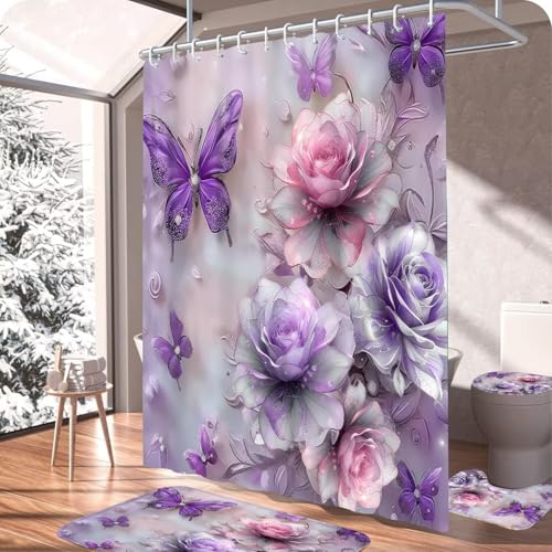 DDQQ 4Pcs Purple Glitter Floral Shower Curtain Set Bathroom Sets Butterfly Diamond Shower Curtain with 12 Hooks Bathroom Decor with Rugs Bath Accessories with Mats Toilet Lid Cover - color: Purple