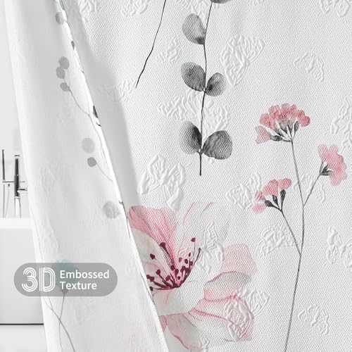 QiyI Watercolor Floral Shower Curtain, 3D Embossed Butterflies Grey Pink Flower Bathroom Curtain, Minimalist White Cloth Bath Curtain, Waterproof Fabric Textured Shower Curtain Set with Hooks, 72x72 - color: Graphite Gray, size: 72"W x 72"L (Pack of 1)