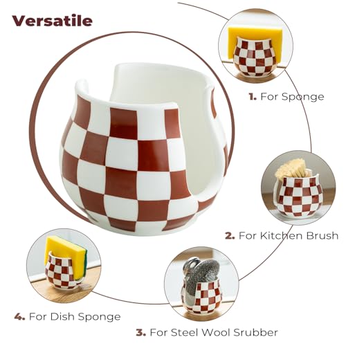 Checkered Sponge Holder for Kitchen Sink Counter, Ceramic Dish Sponge Caddy White Sink Organizer Dish Rack Farmhouse Brush Holder for Bathroom, Brown and White - color: Brown and White, size: Barrel-type