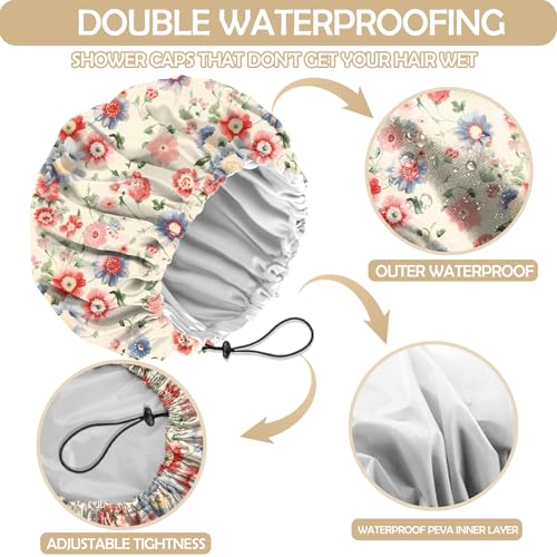 2 PCS Shower Cap Adjustable Reusable Double Waterproof Layer Elastic Hair Bath Cap Cute Aesthetic for Women Girls-Floral - color: I11-Floral