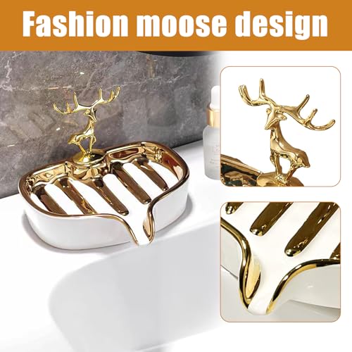 Soap Dish, Luxurious Ceramic Soap Dish Self Draining Soap Holder Tray Easy Cleaning Soap Saver for Shower Bathroom Kitchen Sink Bathtub Hotel Travel（White Painted in Gold） - color: White Painted in Gold