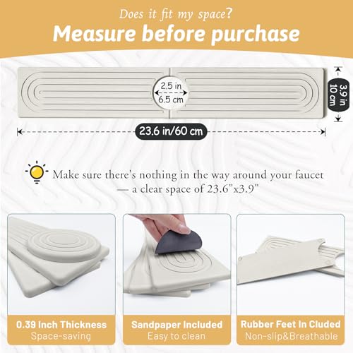Quick Dry Stone Sink Splash Guard, 23.6" Extended Diatomaceous Earth Sink Absorbent Faucet Mat, Instant Drying Stone Tray for Kitchen & Bathroom Countertops, Aesthetic Home Decor Gift Women, Ash Grey - size: 23.6" x 3.9"
